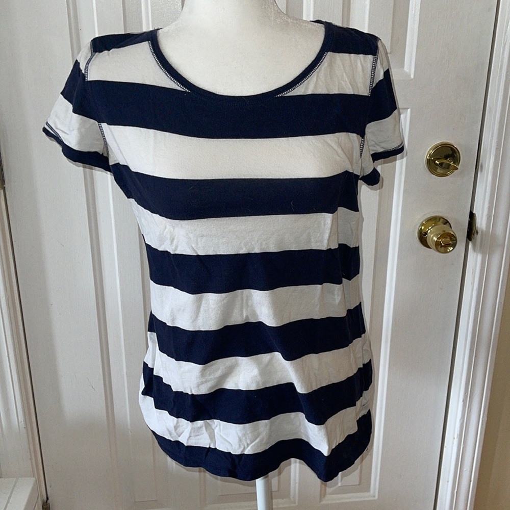 Ahoy! Express navy and white striped top Large worn 1x EUC